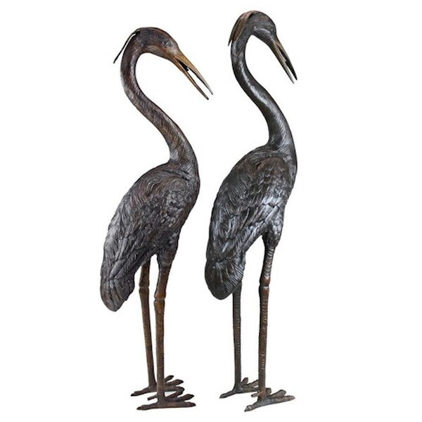 Piped Spouting Herons Cast Bronze Garden Statues Fountains Pair Two